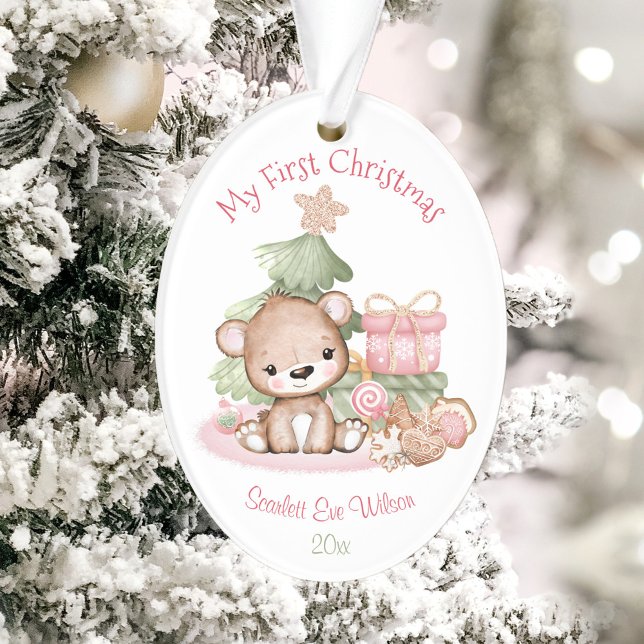 Ornamento Garota Cute Baby Primeiro Ornament Acrílico (Girl Cute Baby's First Christmas Ornament Acrylic)