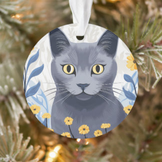 Ornamento Gato Azul Russo Flores Amarelas