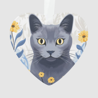 Ornamento Gato Azul Russo Flores Amarelas
