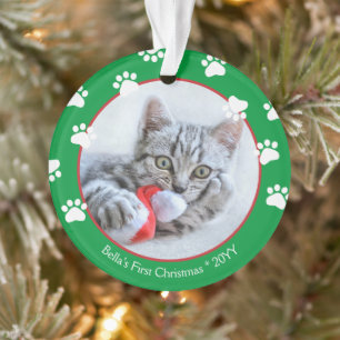 Ornamento Gato Bonito Primeiro Natal Pawprints Verde Vermelh
