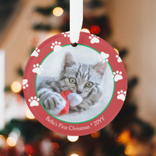 Ornamento Gato Bonito Primeiro Natal Pawprints Vermelho Verd