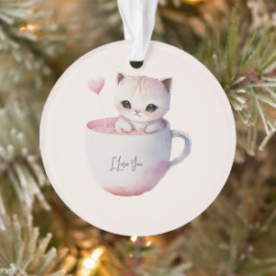Ornamento Gato branco-rosado e bonito numa Taça de chá (4)