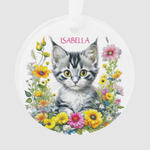 Ornamento Gato Caprichoso e Flores Personalizado de Natal