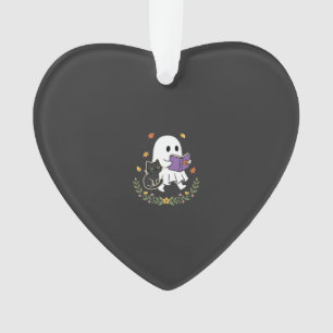 Ornamento Gato Fantasma de Halloween Lendo Livro Floral Desi