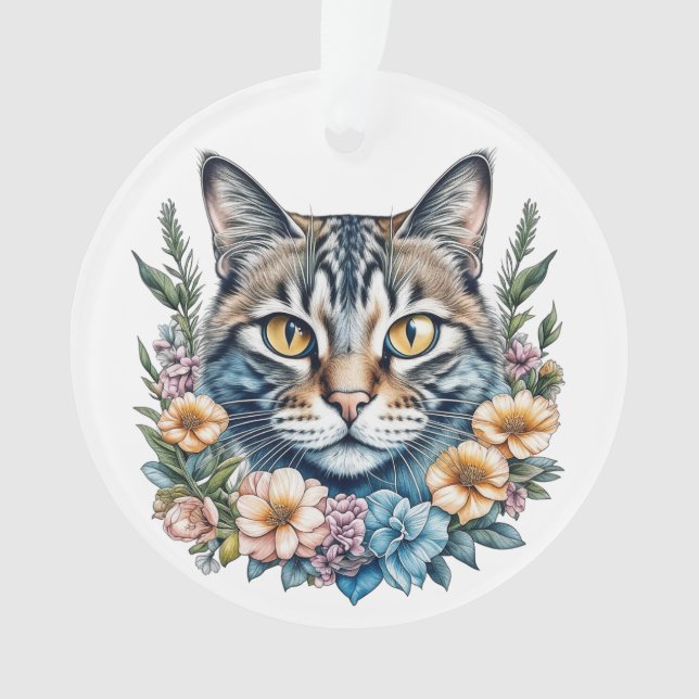 Ornamento Gato Fofo de Aquarela com Flores Natal (Frente)