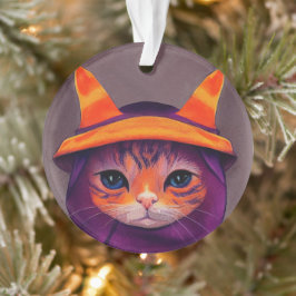 Ornamento Gato Laranja com Chapéu de Bruxa Roxo Halloween