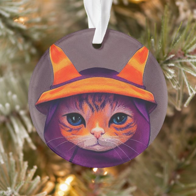 Ornamento Gato Laranja com Chapéu de Bruxa Roxo Halloween  (Árvore)