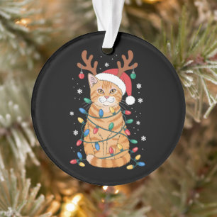 Ornamento Gato Laranja Tabby de Natal Luzes Chifres de Rena