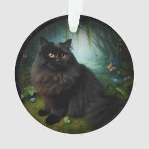 Ornamento Gato Negro Fluffy na Mistura Woods