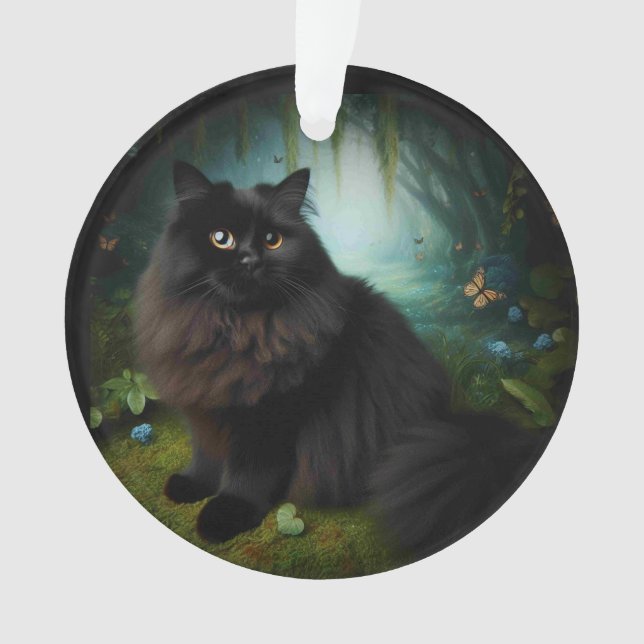 Ornamento Gato Negro Fluffy na Mistura Woods (Frente)