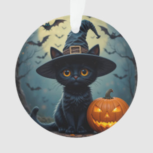 Ornamento Gato Preto Adorável Vestindo Chapéu de Bruxa
