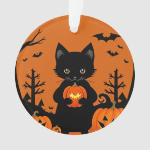 Ornamento Gato Preto Fofo com Abóboras de Halloween