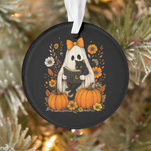 Ornamento Gato Preto Fofo Fantasma Lendo Livro Halloween