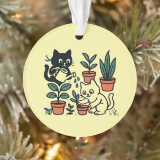 Ornamento Gatos Pretos e Brancos Cultivando Plantas