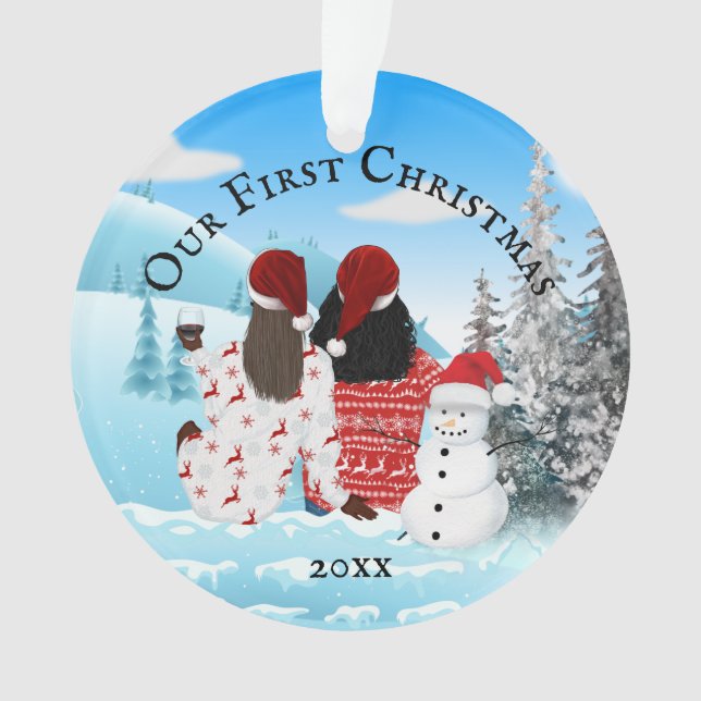 Ornamento Gay African American casal snowman - foto do DIY (Frente)