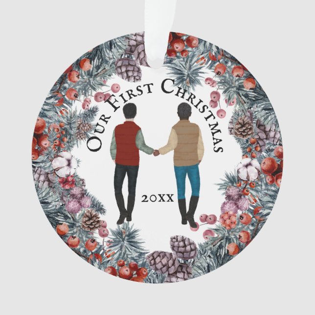 Ornamento Gay casal caucasiano africano, homem cupido (Frente)