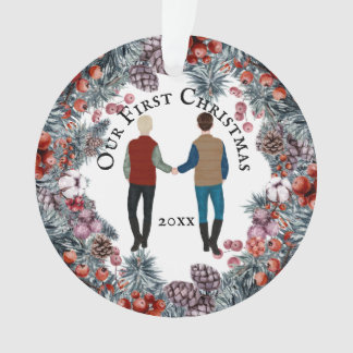 Ornamento Gay casal caucasiano morango wreath de Natal