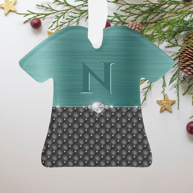 Ornamento Glam Faux Teal Metal Upholstery e Monograma (Criador carregado)