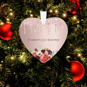 Ornamento Glitter rosa de aniversário goteja flores rosa