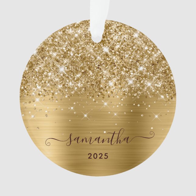 Ornamento Glittery Gold Girly Signature Calligraphy Photo (Frente)