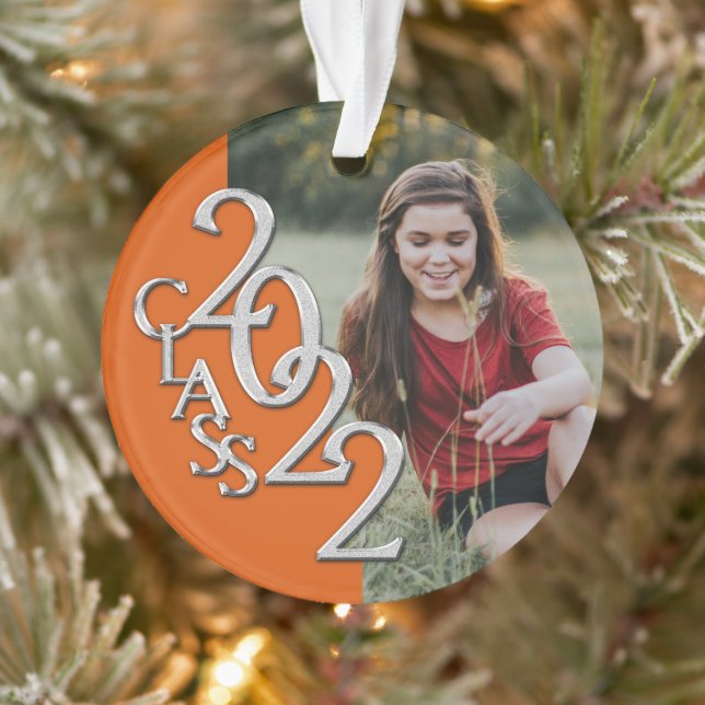 Ornamento Graduação Classe 2022 Photo Orange Silver Ornament (Árvore)