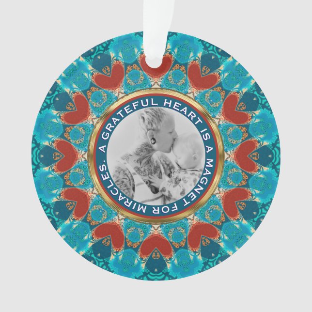 Ornamento Gratidão Aqua Teal Mandala Palavras Personalizadas (Frente)
