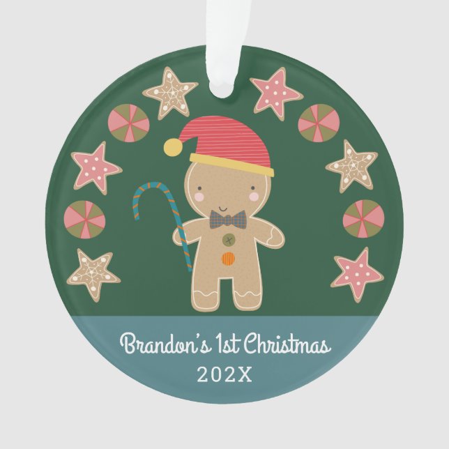 Ornamento Green Baby Photo Primeiro Natal Gingerbird Boy (Frente)