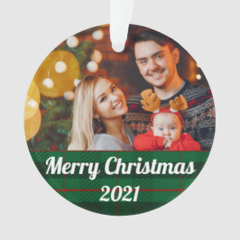 Ornamento Green Plaid Family Christmas Photo With Text