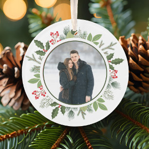 Ornamento Grinalda Chic de Azevinho 2 Lados Casal Foto Natal
