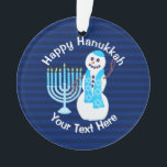 Ornamento Hanukkah Jewish Snowman Blue Menorah Chrismukkah<br><div class="desc">Prende este ornamento personalizado de Chanucá a partir de uma janela, da manta de lareira ou no arbusto de Chanukkah, se você tiver um. Seu texto branco personalizado pop em faixas azuis marinhos de um lado, sem texto e uma versão maior do sorridente boneco de neve e Hanukiah azul claro...</div>