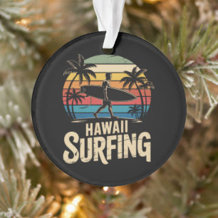 Ornamento hawaii surf retrô - surfista de praia vintage pôr