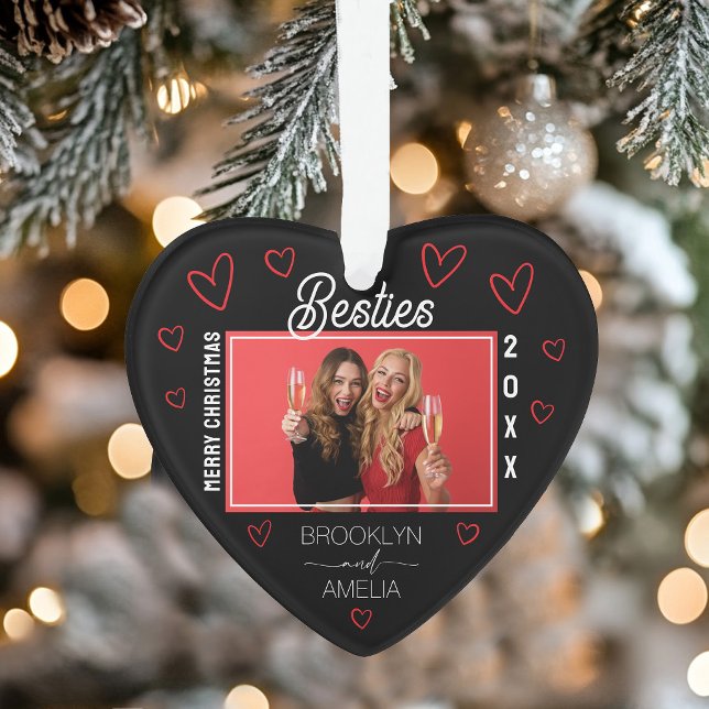 Ornamento Heart Shaped Photo Black and Red Besties Christmas (Heart Shaped Photo Black and Red Besties Christmas Ornament)