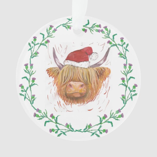 Ornamento Highland Cow Christmas Hat Thiste Wreath sem texto (Frente)