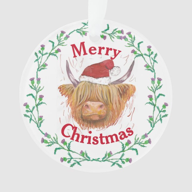 Ornamento Highland Cow Hat Thiste Wreath Feliz Natal (Frente)