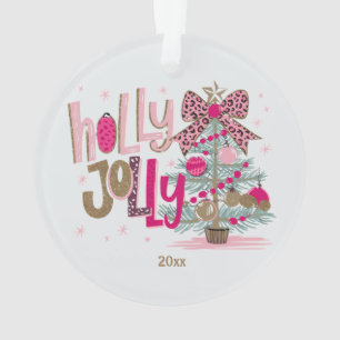 Ornamento Holly Jolly Glam Rosa Dourada Leopard Imprime Nata