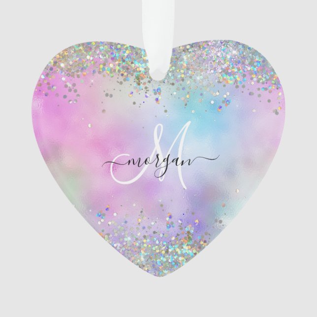 Ornamento Holográfico Glitter Rainbow Pastel Foto Monograma (Frente)