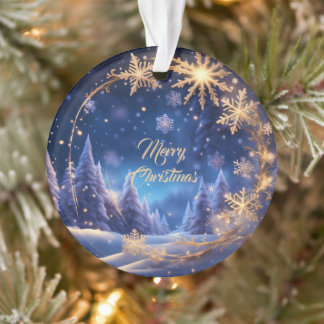 Ornamento Hora mágica de Natal - Flocos de neve ouro em azul