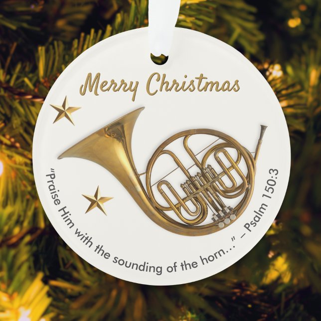 Ornamento Horno Francês Elegante com Salmo 150:3 Natal (A festive ornament with French horn picture, Merry Christmas greeting, Bible quote and custom text)