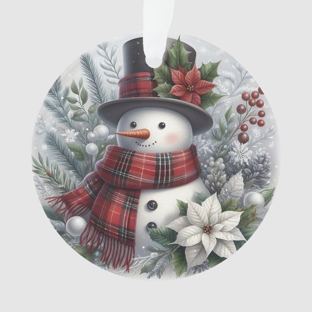 Ornamento Ilustração Clássica de Boneco de Neve de Férias (Frente)