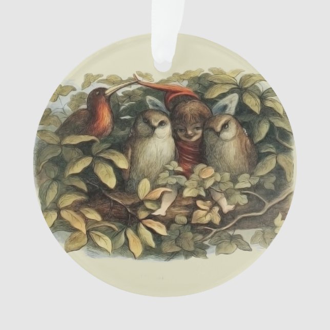 Ornamento Ilustração da Natureza de Corujas e Fadas Elficas (Frente)