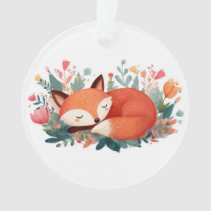 Ornamento Ilustração Floral de Raposa Adormecida Fofa