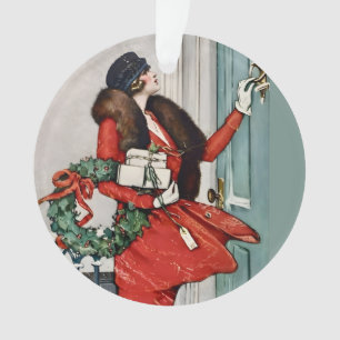 Ornamento Ilustração Vintage de Natal na Soleira da Porta