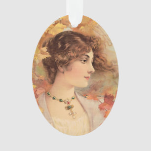 Ornamento Impressão de Folhagem Dourada de Mulher de Outono 