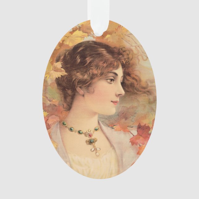 Ornamento Impressão de Folhagem Dourada de Mulher de Outono  (Frente)