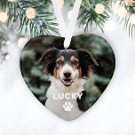 Ornamento Imprimir Foto Personalizada Pet Paw do Cão<br><div class="desc">O Enfeites de natal comemorativo personalizado em forma de coração apresenta uma foto do seu melhor amigo peludo com um simples e moderno nome monograma e sotaque de pata em branco. Personalize o design para seu novo filhote, o cachorro de sua família, ou na memória amorosa de um animal de...</div>