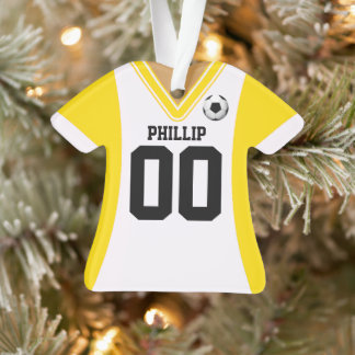 Ornamento Jérsei de Futebol Branco/Amarelo Personalizado