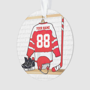 Ornamento Jérsei vermelho e branco personalizado do hóquei