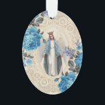 Ornamento Jesus Virgem Maria Vintage Floral Raça Religiosa<br><div class="desc">Esta é uma cerâmica religiosa católica tradicional de dois lados do ornamento da Virgem Abençoada Maria,  Nossa Senhora de Graça,  com flores azuis de design com vintage. Nas costas há um crucifixo de ouro com design de renda e flores azuis. 
 Uma fita torna fácil exibir essa fantástica manutenção.</div>