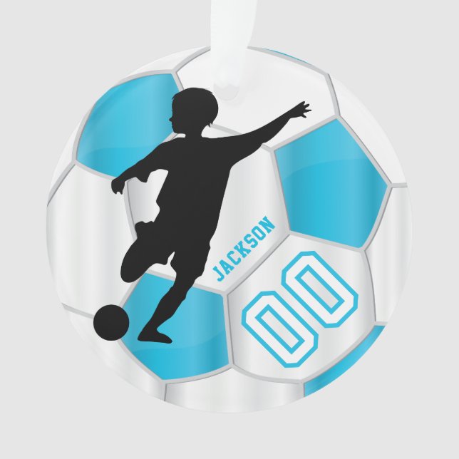 Ornamento Jogador de futebol Baby Blue and White Personalize (Frente)