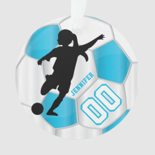 Ornamento Jogadora de futebol Baby Blue and White Personaliz
